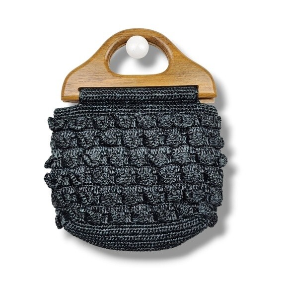 Nicole Miller Handbags - Nicole Miller Knit Boho Clutch Summer Bag Wood Handle Purse Handbag Snap Button